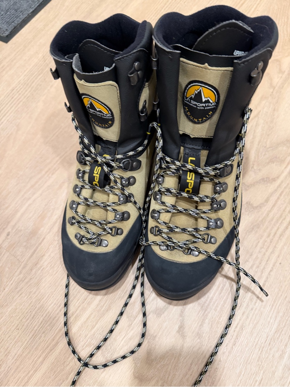 La Sportiva Men’s Tan and Black Mountaineering Boots with Yellow Logo Accents